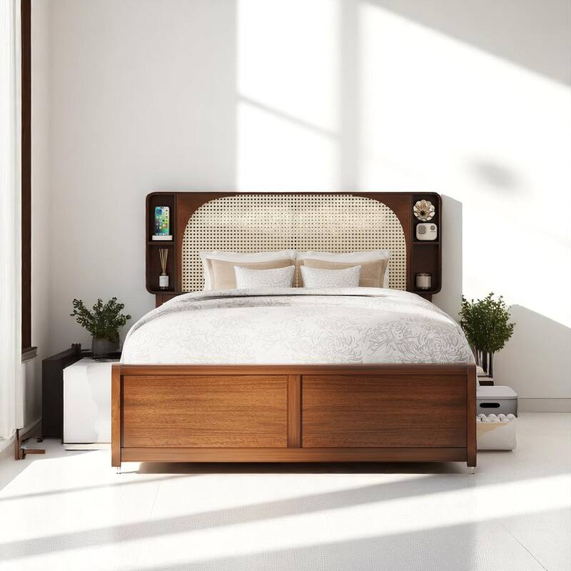 Queen Size Rattan Headboard Bed with Storage Drawers and Pull-Out Trundle, Wood Frame with Organizer Shelves - Walnut - Queen