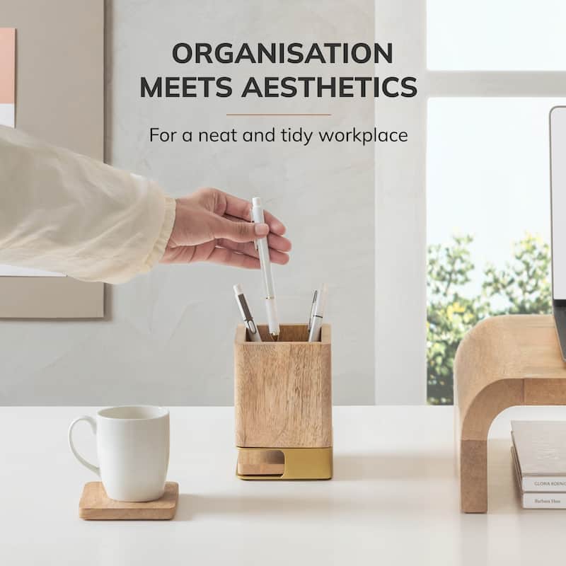 Jani Wooden Pen Cup Holder with 2 Coasters - Stained Mango Wood & Powder-Coated Metal Organizer for Home, Office & Living Spaces