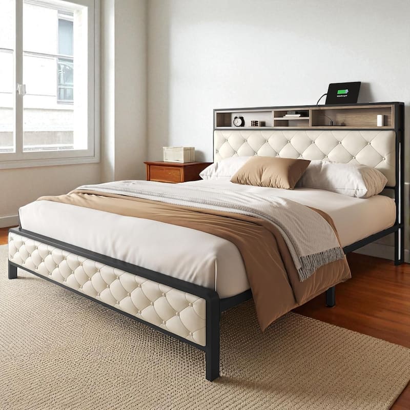 Queen/King Size Platform Bed Frame with Charging Station, Upholstered Storage Headboard & Metal Slats