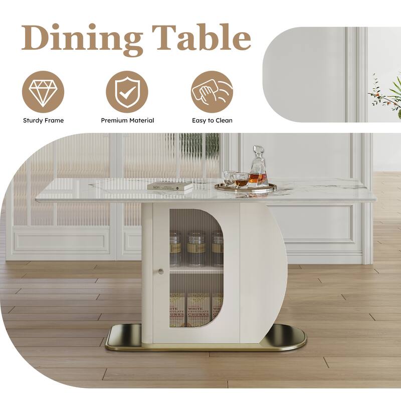Modern Minimalist Dining Table, 63" Sintered Stone with Storage for Family Kitchens