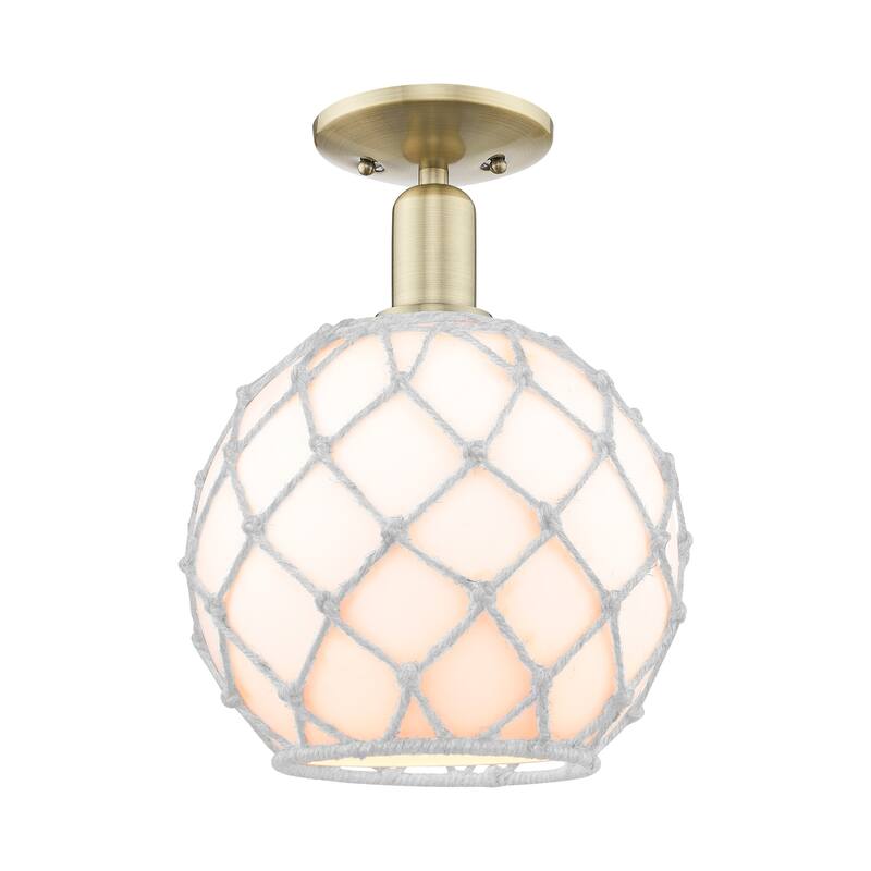Innovations Lighting 716-1C-14-10 Farmhouse Rope Semi-Flush Farmhouse - Antique Brass / White Glass with White Rope