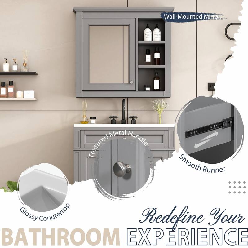 30" Bathroom Vanity with Mirror, Sink, and Storage Cabinet