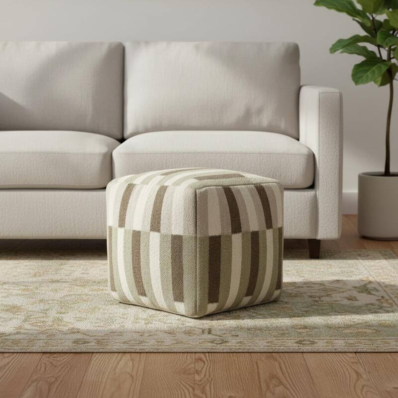 HomeRoots 18" Brown Ivory And Khaki Brown Woven Geometric Pouf Ottoman - Khaki/Brown/Ivory - 18.00 in. x 18.00 in.  x 18.00 in.