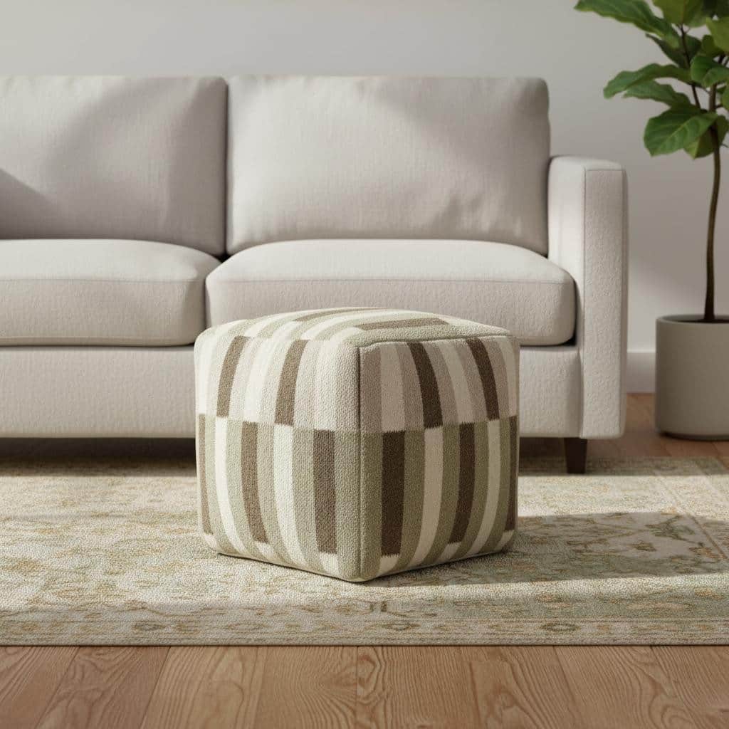 HomeRoots 18" Brown Ivory And Khaki Brown Woven Geometric Pouf Ottoman