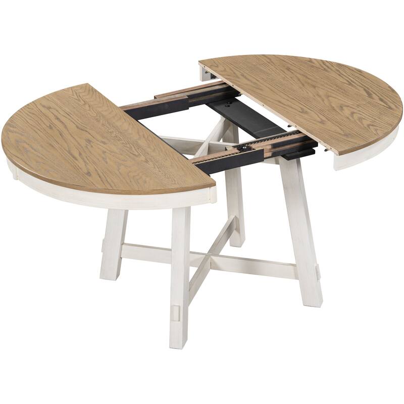 5-Piece Farmhouse Dining Table Set Wood Round Extendable Dining Table and 4 Upholstered Dining Chairs