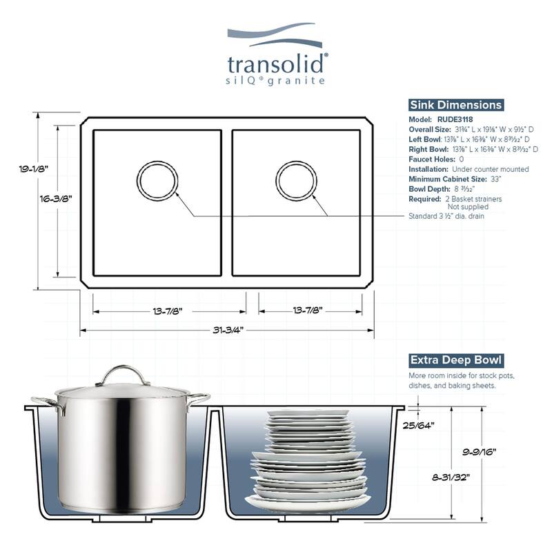 Transolid K-RUDE3118 Radius 31-3/4" Undermount Double Basin Granite