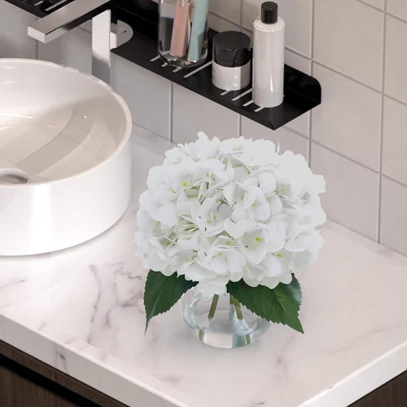 2 Pack Artificial Hydrangea Flowers in Glass Vase with Faux Water for Home Decor - 2 pcs
