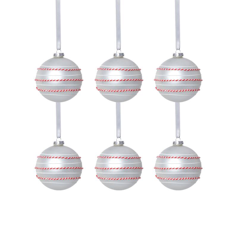 Matte Glass Ball Ornaments with White & Red Rope, Set of 6, 4"