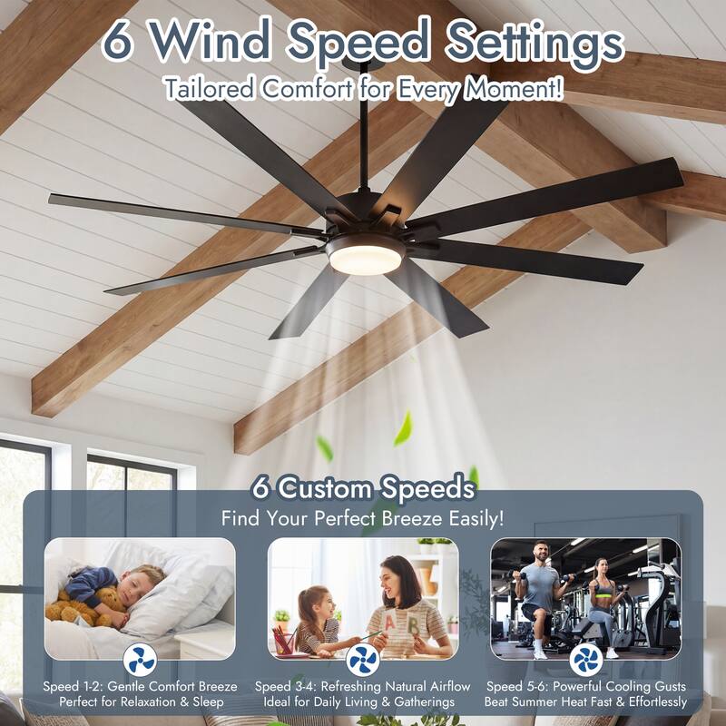 72"Celing Fan with Light and Remote Control Via WIFI Alexa,Large Celing Fan with 8 Plywood Blades,6 Speed Noiseless DC Motor