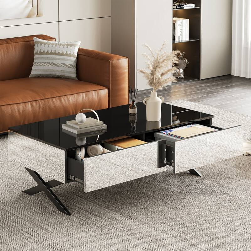 Mirror Coffee Table with Metal Base for Living Room Large Center Table with 2 Drawers, High Gloss Top Table for Reception Room
