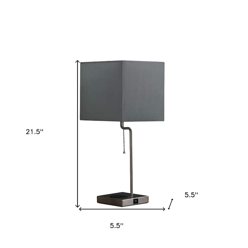 Grey Metal Table Lamp with Linen Square Shade and Wireless Charging - 5.5” x 5.5” x 21.5” (D x W x H)