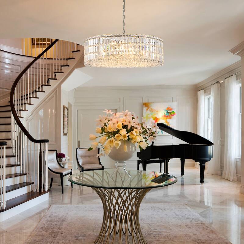 12-Lights Modern Drum Glam Dimmable Crystal Chandelier Round Kitchen Island Light - W31.5"