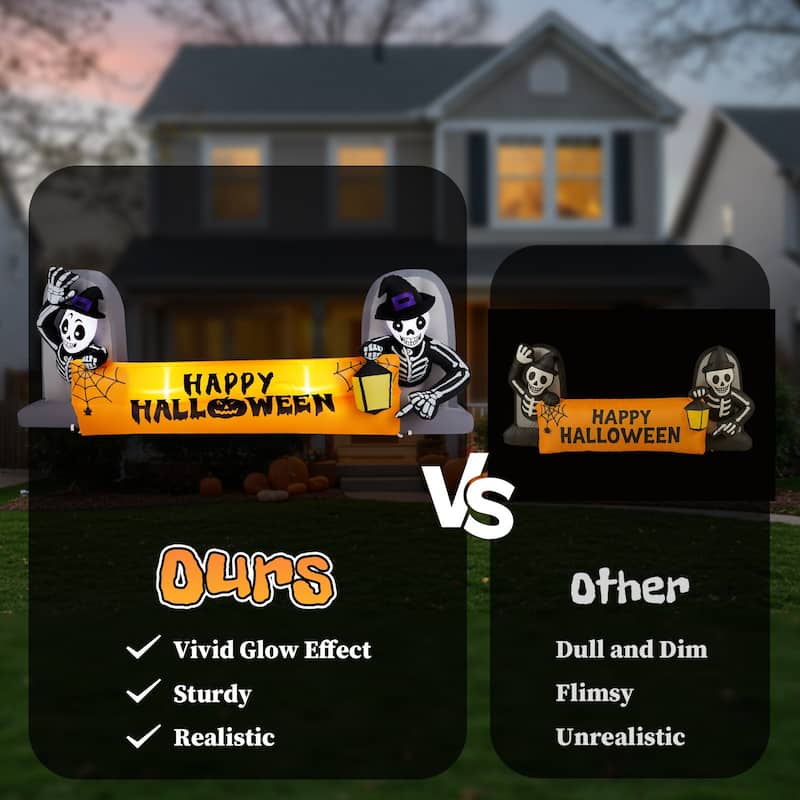 Outdoor Halloween Inflatable Banner 9.6 ft with Glowing LED Skeletons Tombstone Decoration
