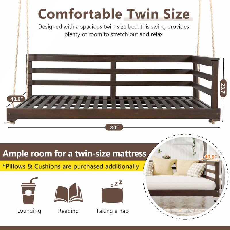 Country Patio Wooden Twin Size Swing Daybed with 4pcs 96-inch Hemp Ropes for Backyard and Garden