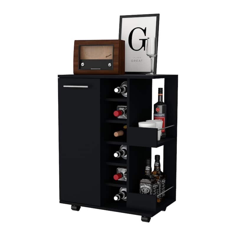 Tennessee Bar Cart, One Cabinet With Division, Six Cubbies For liquor, Two Shelves