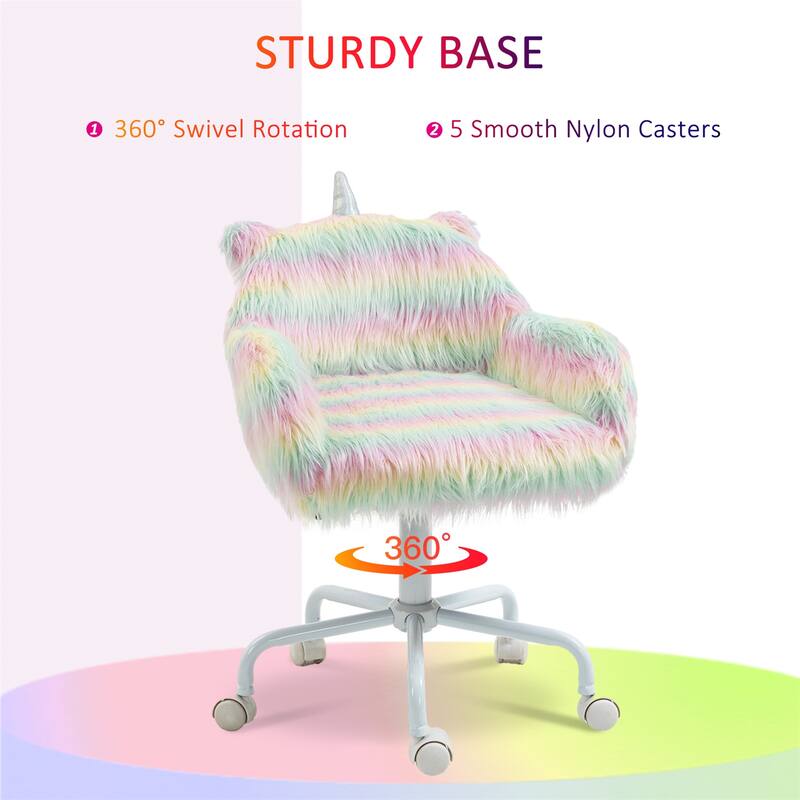 Fluffy Unicorn Office Chair w/ Armrest, 5 Star Swivel Wheel White Base