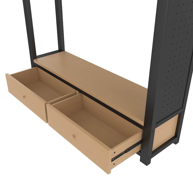 Modern Full Metal Loft Bed with Integrated Closet, Open Shelves, Pegboard and Storage Drawers, Safety Guardrails & Sturdy Ladder