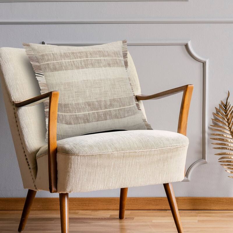 20" Tan and Beige Farmhouse Striped Square Throw Pillow