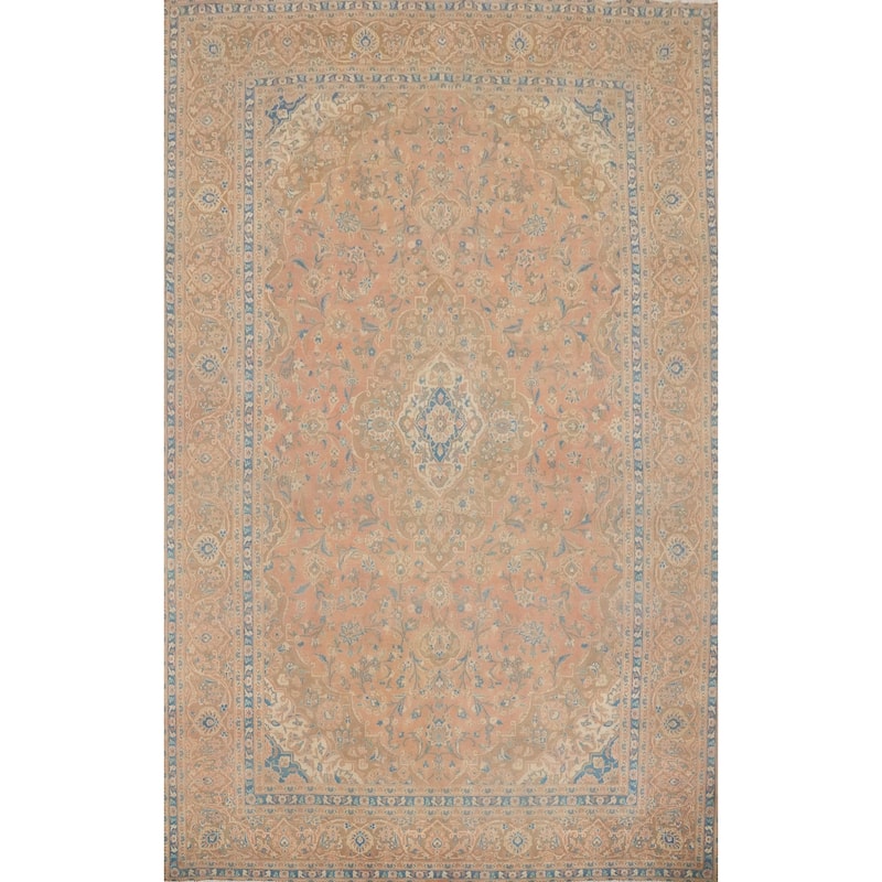 Hand Knotted Oriental 100% Wool Carpet Traditional Floral Pink Mashad Area Rug - 13' 1'' X 9' 8''