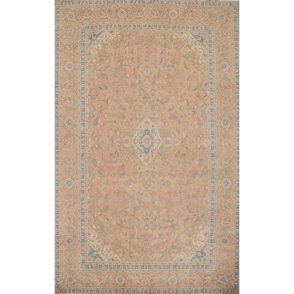 Hand Knotted Oriental 100% Wool Carpet Traditional Floral Pink Mashad Area Rug - 13' 1'' X 9' 8''