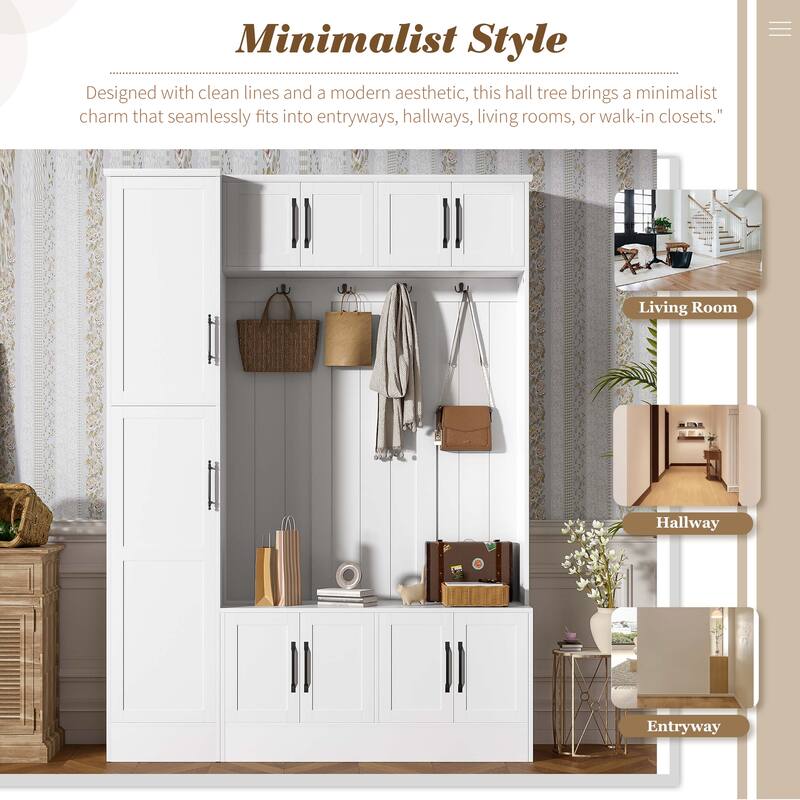 79" Tall Modern Hall Tree with 6 Cabinets, 4 Coat Hooks & Adjustable Shelf - 4-in-1 Entryway Storage Bench