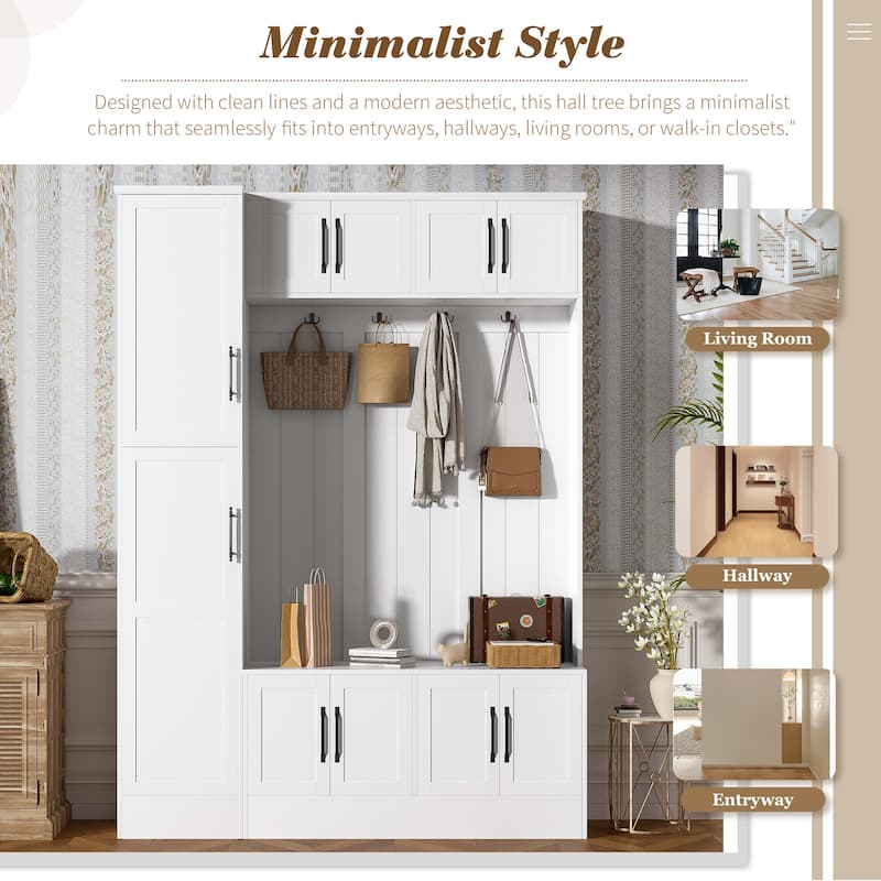 79" Tall Modern Hall Tree with Shoe Storage, 4-in-1 Entryway Bench with 6 Cabinets, 4 Coat Hooks & Adjustable Shelf