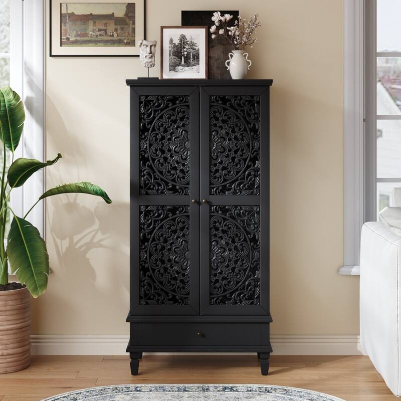 Rustic 55" Tall Storage Cabinet with Drawer, Decorative Carved Wood Accent for Living Room or Dining Area - Black