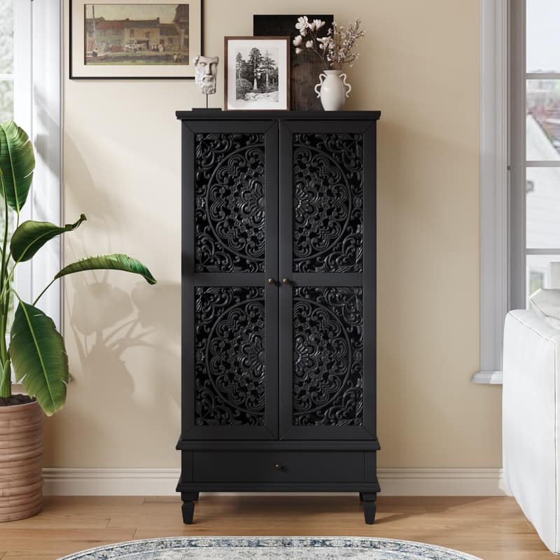 Rustic 55" Tall Storage Cabinet with Drawer, Decorative Carved Wood Accent for Living Room or Dining Area