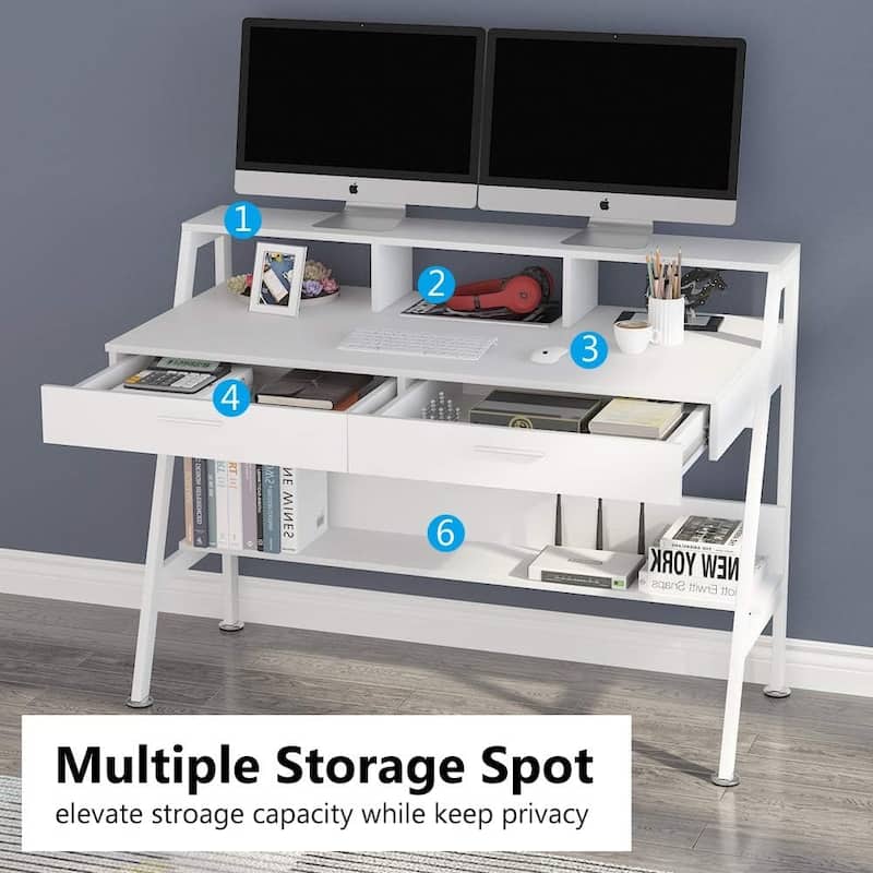47 Inches White Engineered Wood Computer Desk with Storage Shelf & Monitor Stand Riser