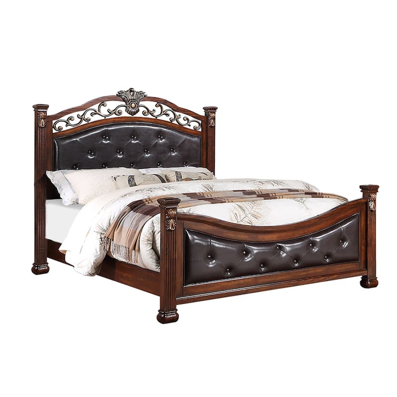 Bed with Crafted Upholstered Headboard in Dark Cherry - California King