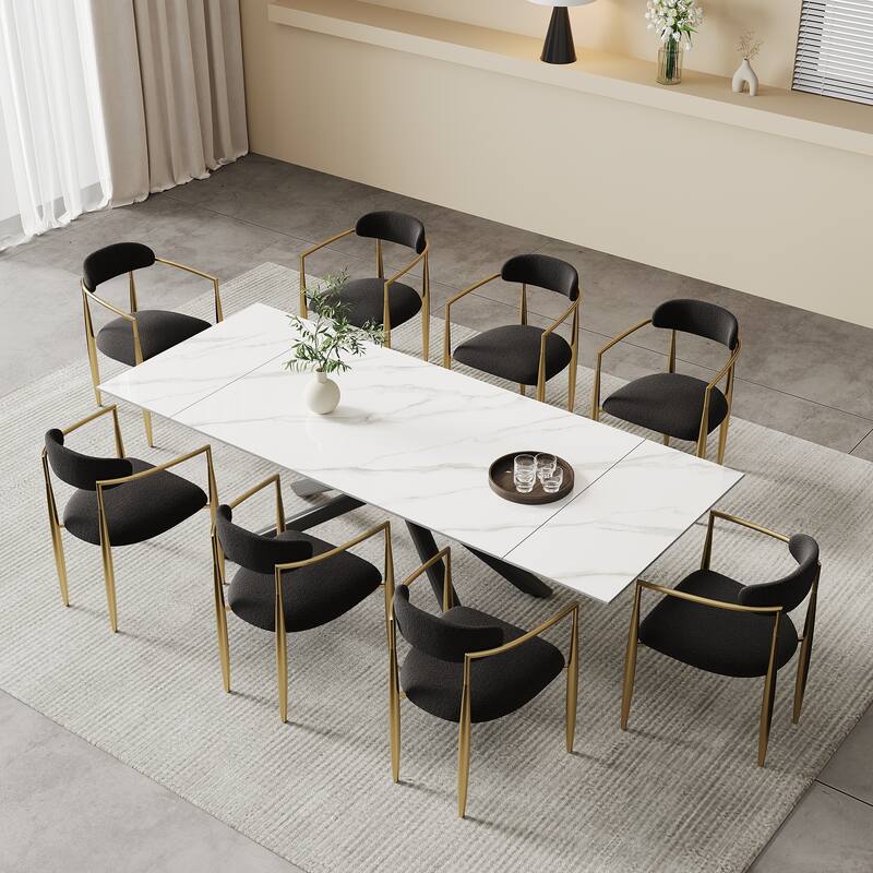 9 - Piece Extendable Sintered Stone Top Cross Legs Dining Set With 8 Fabric Chair