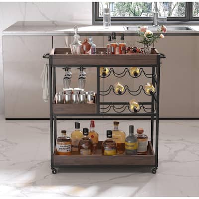 3-Tier Rolling Cart with Lockable Wheels, Wine Rack & Removable Trays