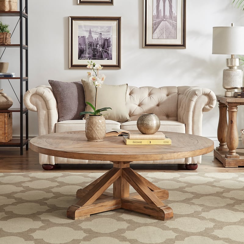 Krakova Rustic X-Base Round Pine Veneer Wood Coffee Table