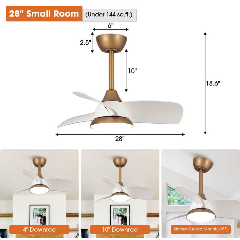 28" Modern Brass/ White Small LED Ceiling Fan with Light and Remote