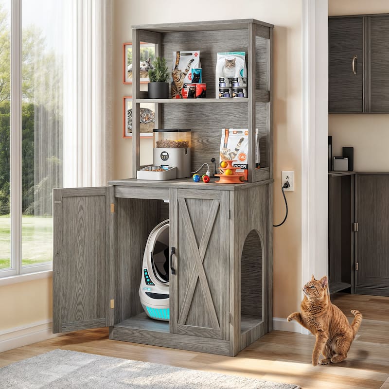 71" Tall Large Hidden Cat Litter Box Enclosure Furniture with Charging Station for Self-Cleaning Litter Boxes