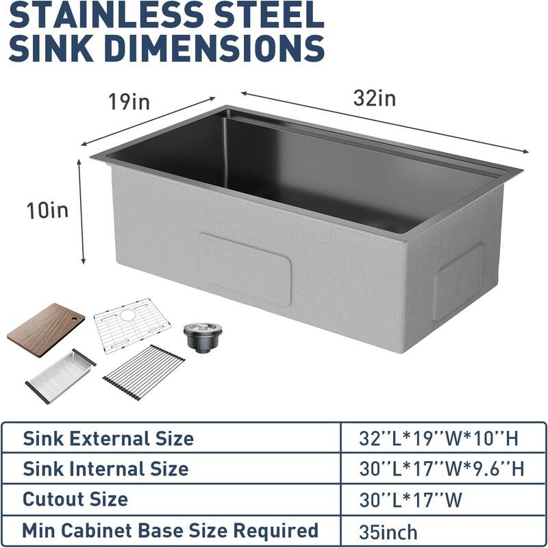 32"X19"x10" Undermount Kitchen Single Bowl Sink for Kitchen Countertop Installation