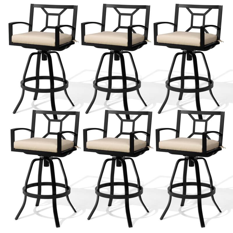 30''H Outdoor Patio Premium All-Aluminum Swivel Bar Stools Dining Chair with Sunbrella Cushion - 6PC-CanvasAntiqueBeige