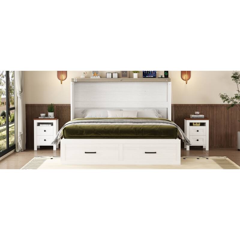 Queen Wood Murphy Bed with Charging Station & Large Storage Drawer, Foldable Platform