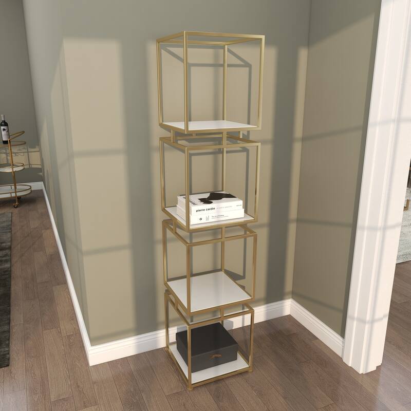 Gold Metal Cube Shelving Unit with 4 Marble Shelves