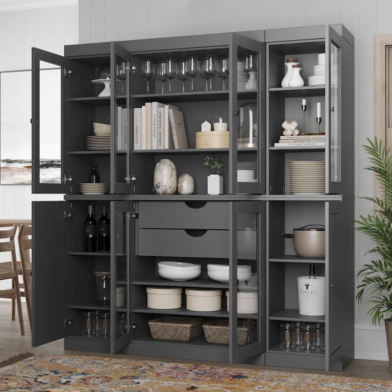 Palace Imports 100% Solid Wood Kitchen China Cabinet Pantry with Glass or Solid Wood Doors and 2-Drawer Kit - 65" x 71.5"