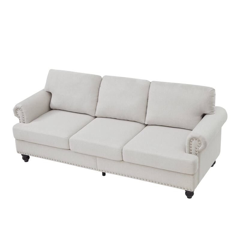 Modern 3 Seater Lounge Couch Deep Seat Upholstered Sofa with Hidden Storage, Round Armrests with Silver Nailhead Trim
