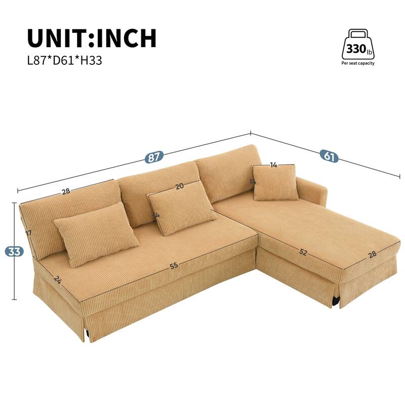 87X61"Modern L-shaped Corduroy Sofa with Reversible Chaise, 4-seat Upholstered Sectional Indoor Furniture for Living Room