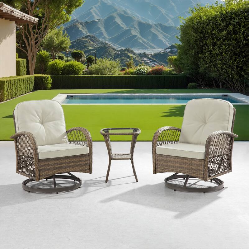 Corvus Helicon 3-Piece Outdoor Wicker Swivel Chat Set with Cushions and Glass Side Table