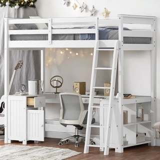 Twin Loft Bed with U-shaped Desk, Drawers and Storage Shelves, White