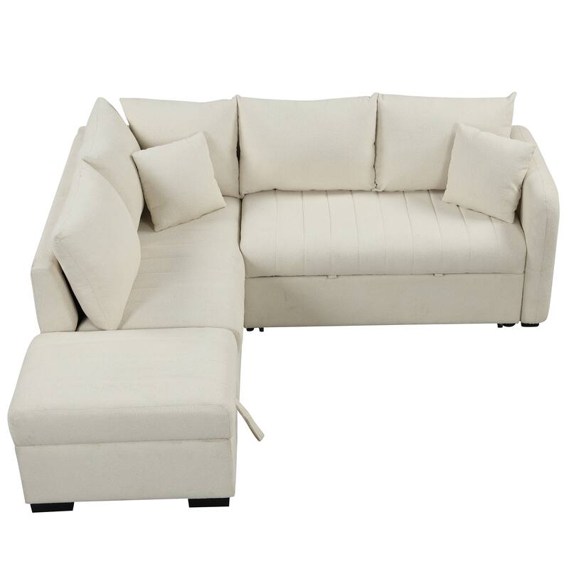 L-Shaped Sectional Sofa with Pull Out Sofa Bed & Storage Ottoman, Convertible Sleeper Sofa with USB Ports & Power Sockets