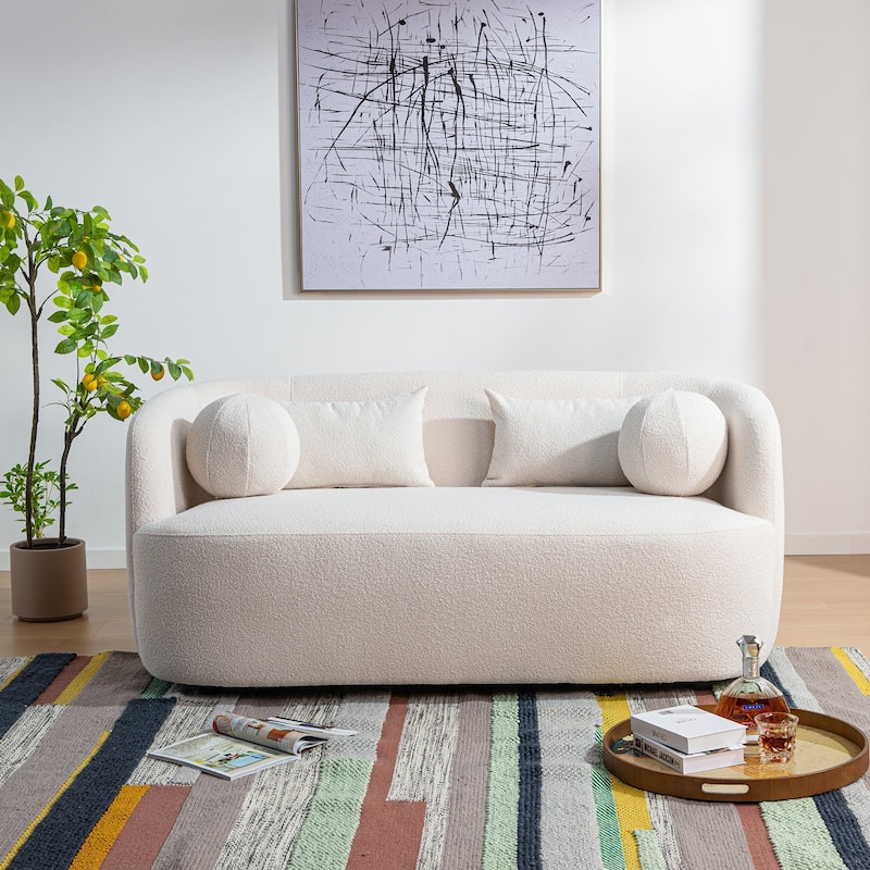 KINWELL Boucle Upholstered 2-Seats Loveseat with Pillows - Beige