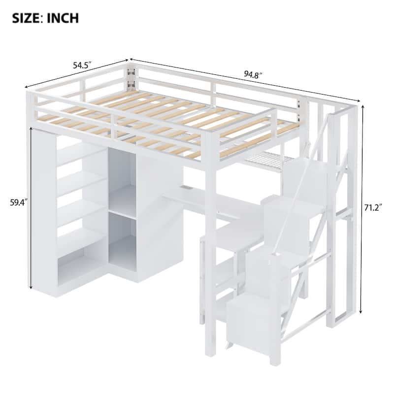 Full-Size Metal Loft Bed with Built-in Wardrobe, L-Shaped Desk, Charging Ports, and Multi-Layer Storage Shelves