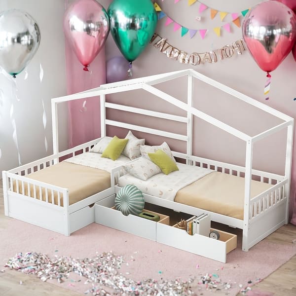 slide 2 of 9, Kids and Baby Twin Size L-Shaped House Platform Bed With Three Storage Drawers White