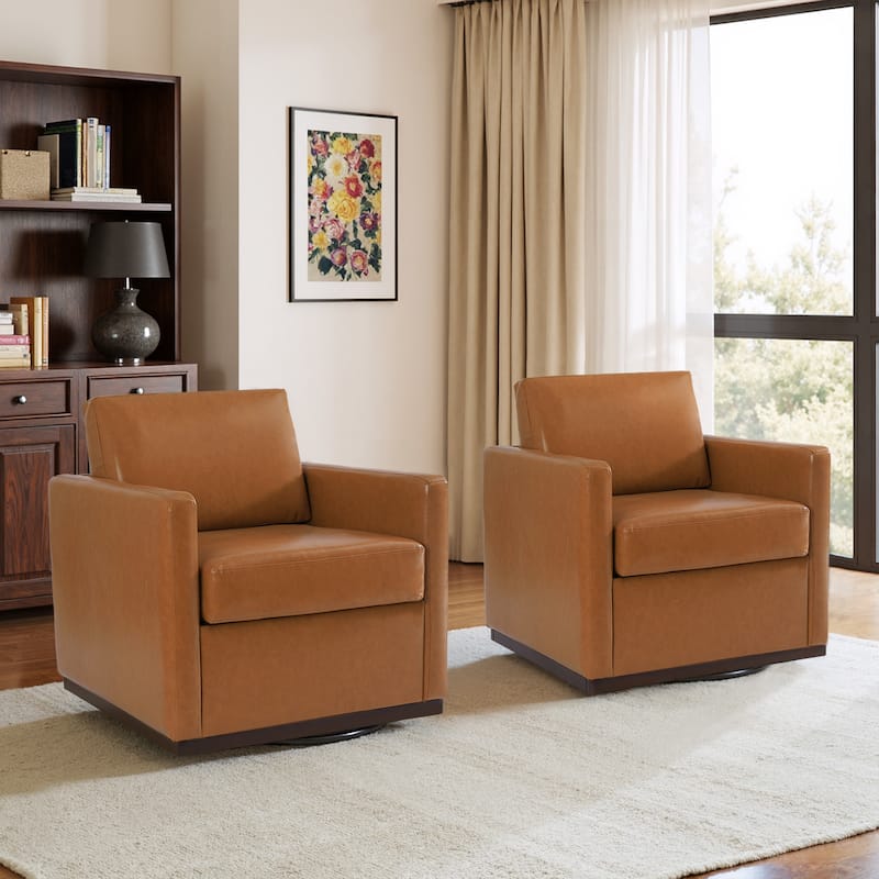 Set of 2 Modern Cozy Swivel Accent Chairs Upholstered Arm Chairs - Light Brown - Leather
