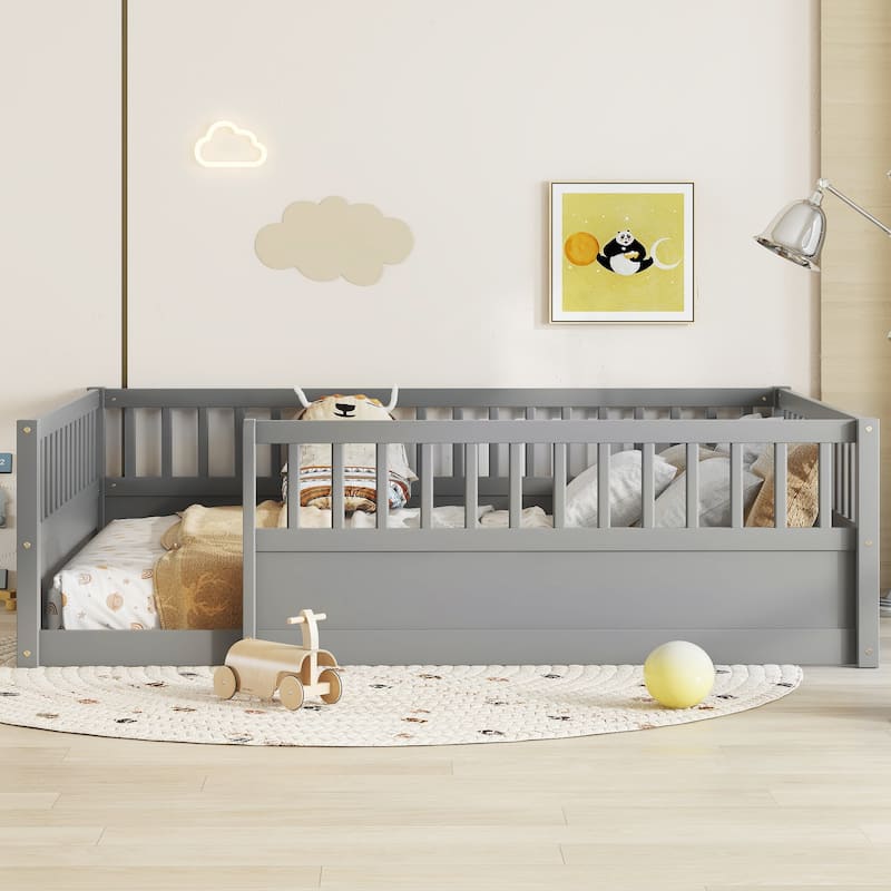 Montessori Gray Wooden Floor Bed for Kids, Full Size with Safety Fence